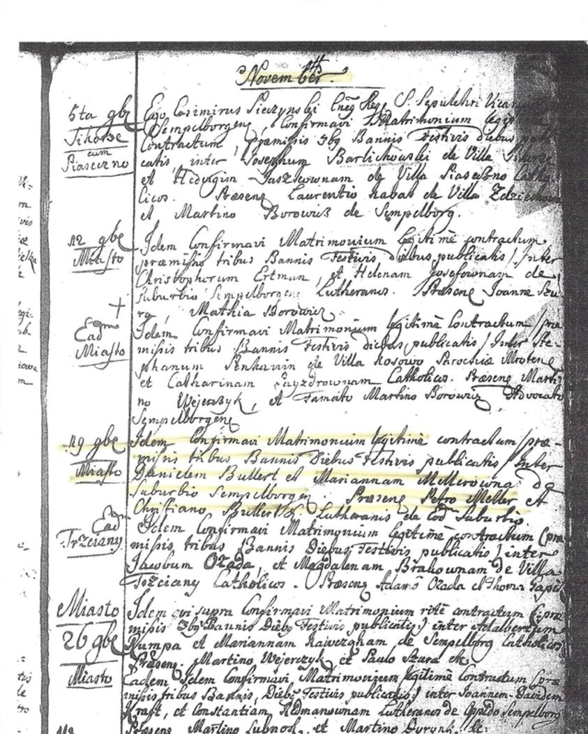 1752 marriage record of Daniel Bullert and Marianne Mellerowna, handwritten Latin parish register