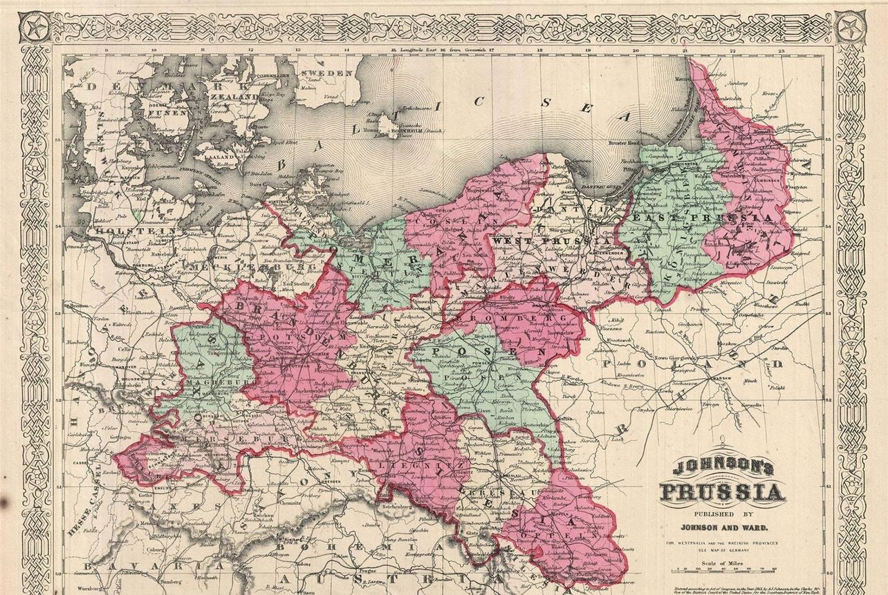 Johnson's map of Prussia, published by Johnson and Ward, showing West Prussia and surrounding regions