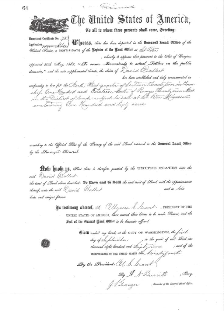 David Bullert Homestead Certificate No. 75, signed by President Ulysses S. Grant, September 1, 1869