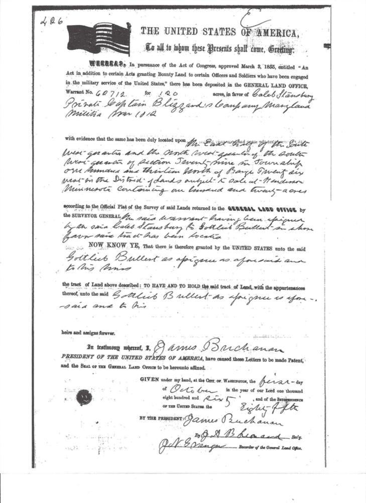 Gottlieb Bullert Military Bounty Land Warrant No. 60712 for 120 acres, signed by President James Buchanan, October 1, 1860
