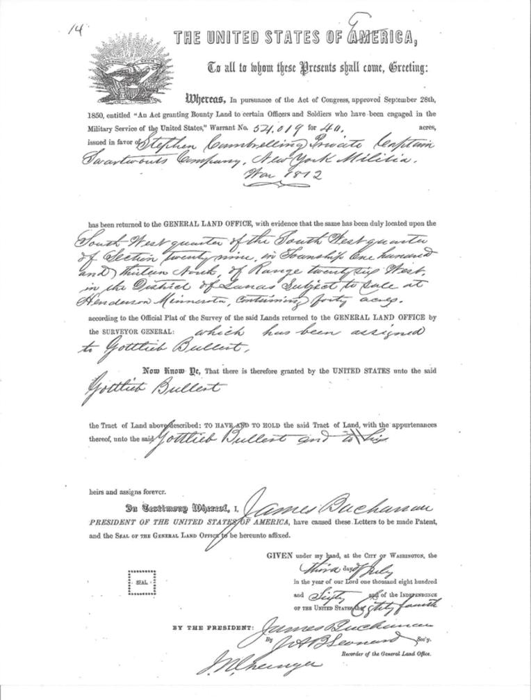 Gottlieb Bullert Military Bounty Land Warrant No. 574019 for 40 acres, signed by President James Buchanan, July 3, 1860