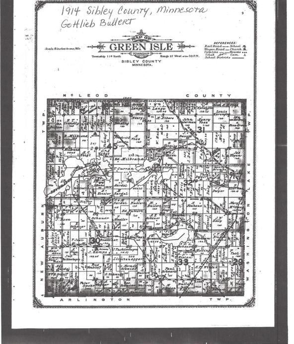 1914 plat map of Green Isle Township, Sibley County, Minnesota showing Gottlieb Bullert land